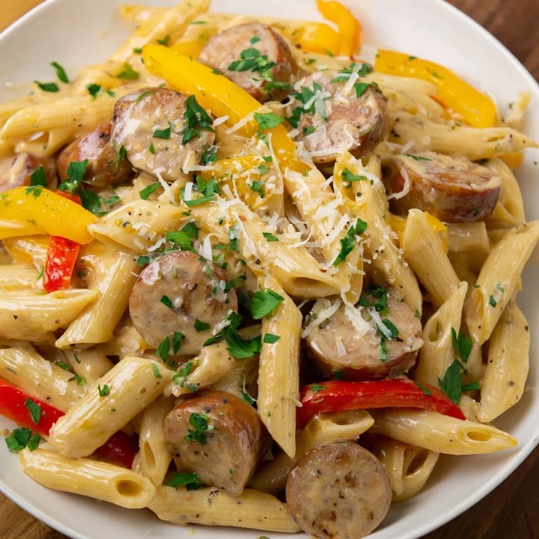 This easy Cajun Spiced Smoked Sausage Alfredo features juicy sausage and a rich, cheesy sauce.