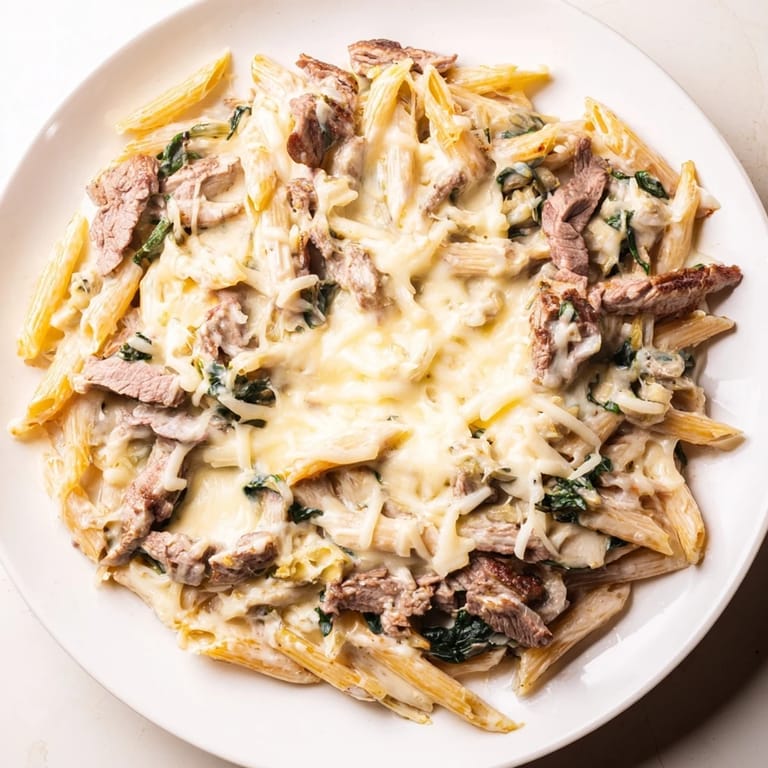 A close-up of a creamy Steak & Spinach Artichoke Pasta Bake, showcasing tender steak and spinach.