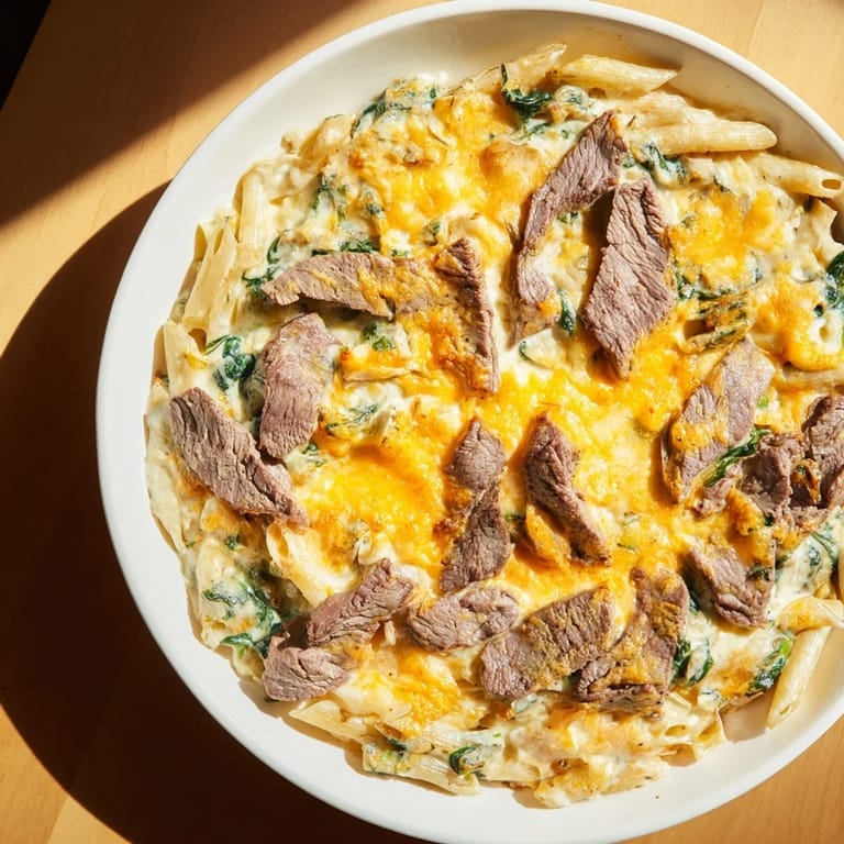 Warm and comforting: A baked Steak & Spinach Artichoke Pasta Bake, fresh from the oven, ready to serve.