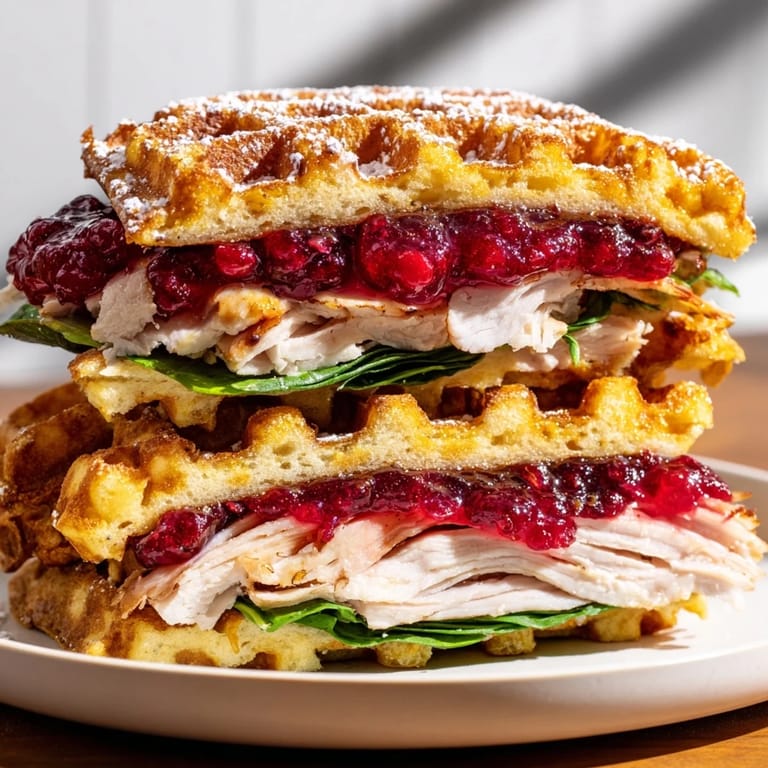 A close-up of a perfectly toasted holiday waffle sandwich with savory fillings and a touch of sweetness.