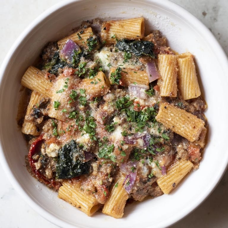 Golden, bubbling Mediterranean Baked Garlic & Herb Pasta, a vegetarian delight with fresh parsley garnish.