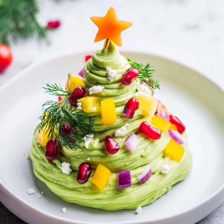 Festive Christmas tree dip, a vibrant arrangement of whipped avocado with fresh herbs and toppings.