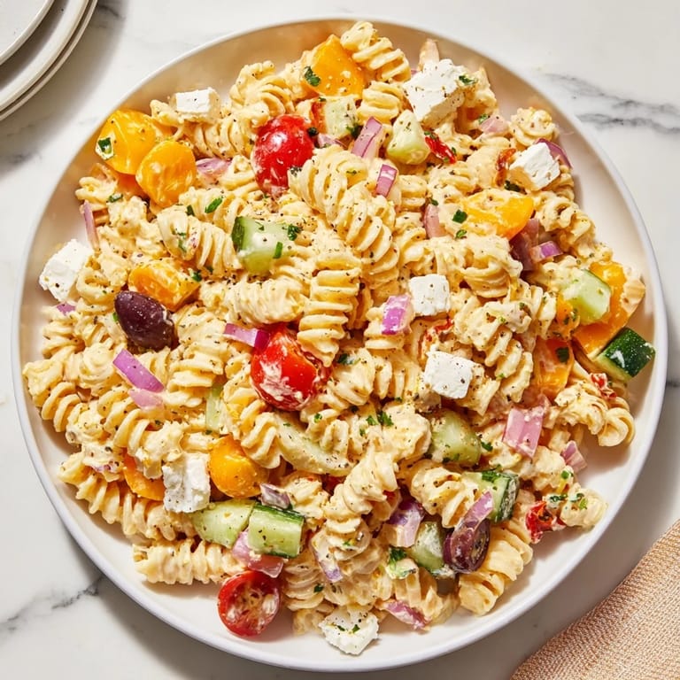 This Greek Yogurt Million Dollar Christmas Pasta Salad features vibrant red and green veggies with creamy dressing.