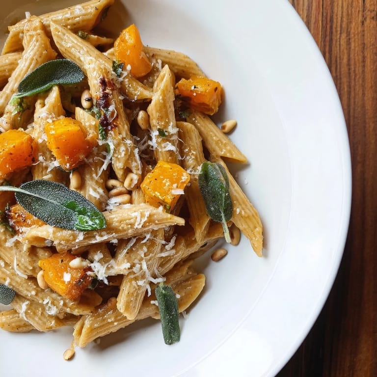 Warm, inviting image: buttery butternut squash & sage brown butter pasta, ready to be enjoyed as a comforting dinner.