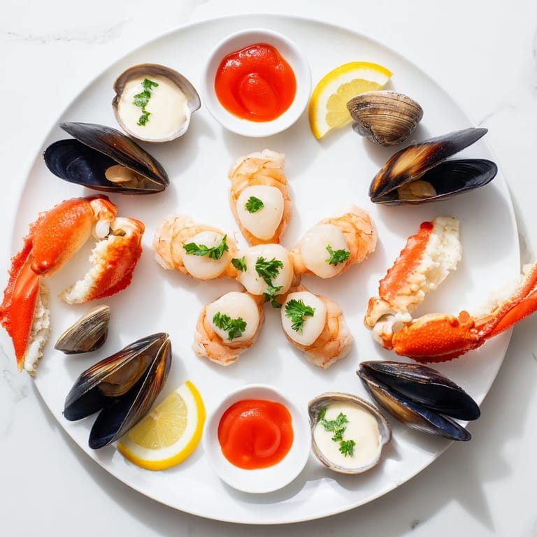 Vibrant starfish & shell appetizer board, offering a fresh, chilled selection of seafood and flavorful sauces.