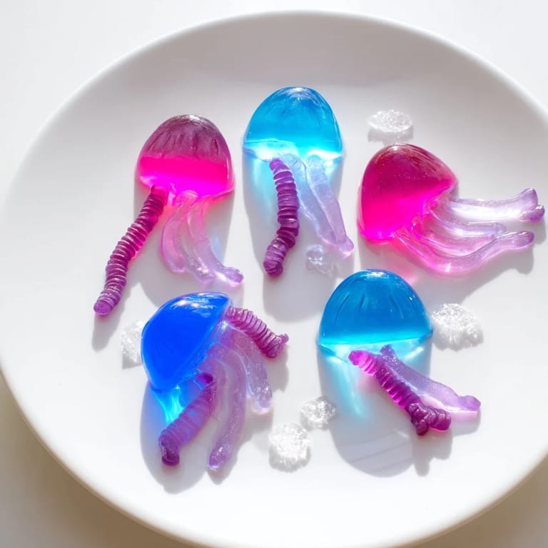 A close-up of a Jellyfish Candy Platter with gummy jellyfish and candy seaweed, ready to eat.