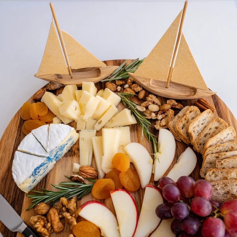 Festive Sailboat Cheese Platter, offering a delicious assortment of cheeses and nuts on a wooden board.