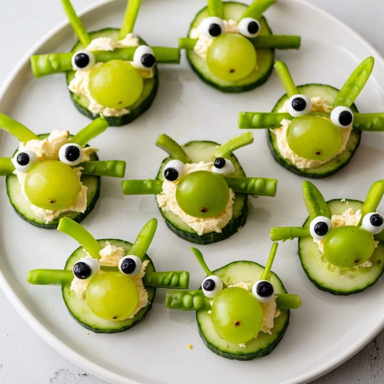 Fresh and fun Little Green Men Alien Snack Attack: bite-sized snacks feature green grapes and pretzel sticks for a party!