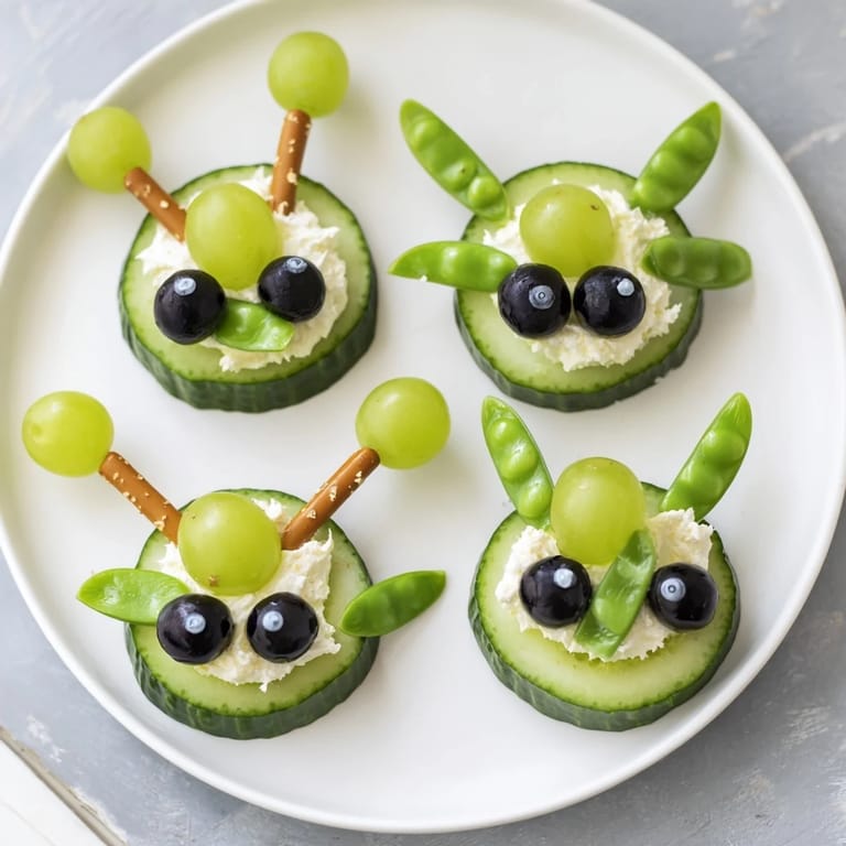 Vibrant platter of Little Green Men Alien Snack Attack snacks: creamy cucumber faces with olives and silly candy eyes.