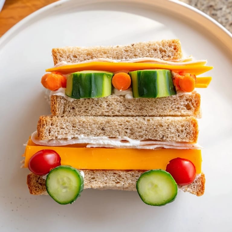 Brightly colored Road Trip Ready Car-Shaped Lunch: a creative, kid-friendly lunchbox meal with sandwich car shapes.