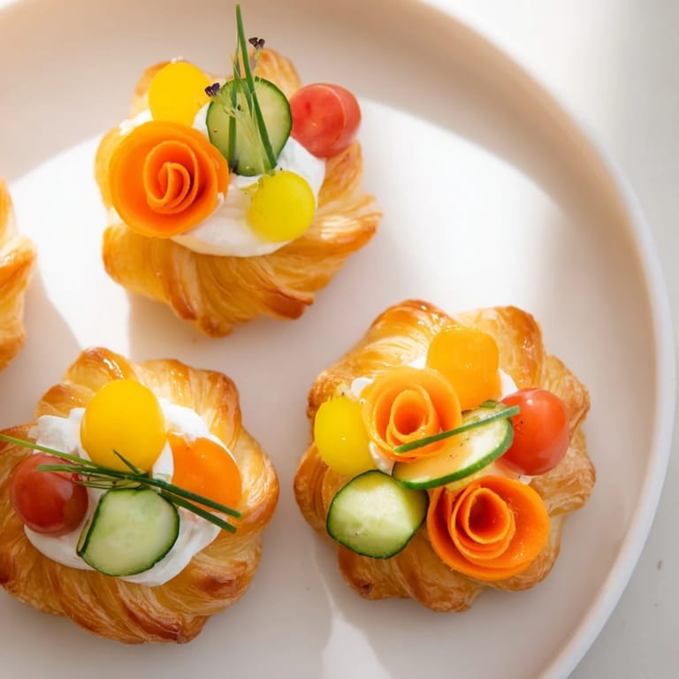 Delicate Fairy Garden Flower Shaped Snacks with bright cherry tomatoes and crunchy cucumber garnish.