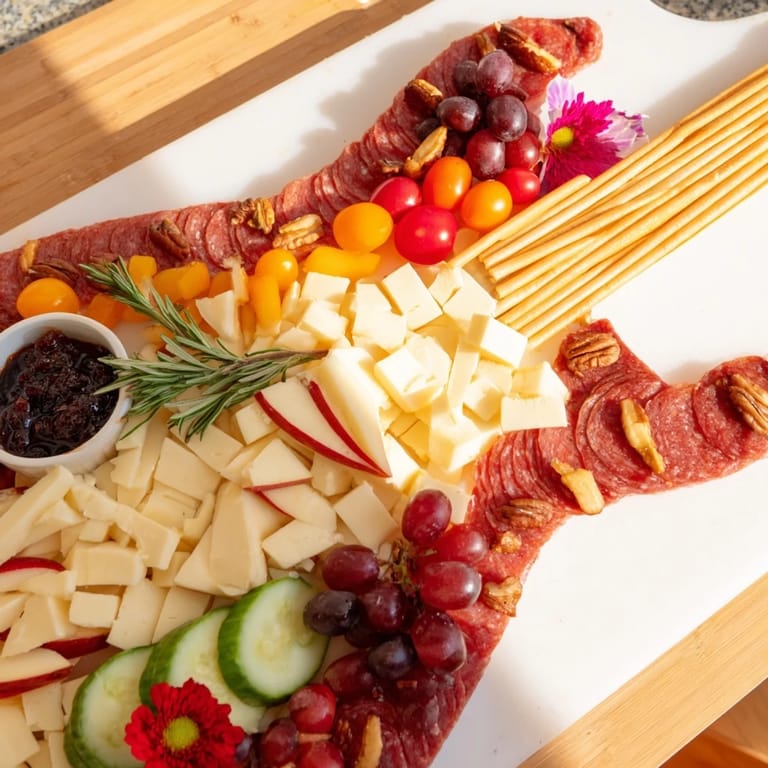This amazing Rock Star Guitar Platter features salami, grapes, and a variety of delicious cheeses.