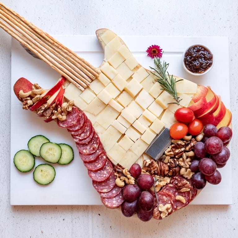 A stunning party platter: the Rock Star Guitar Platter is overflowing with tasty appetizers.