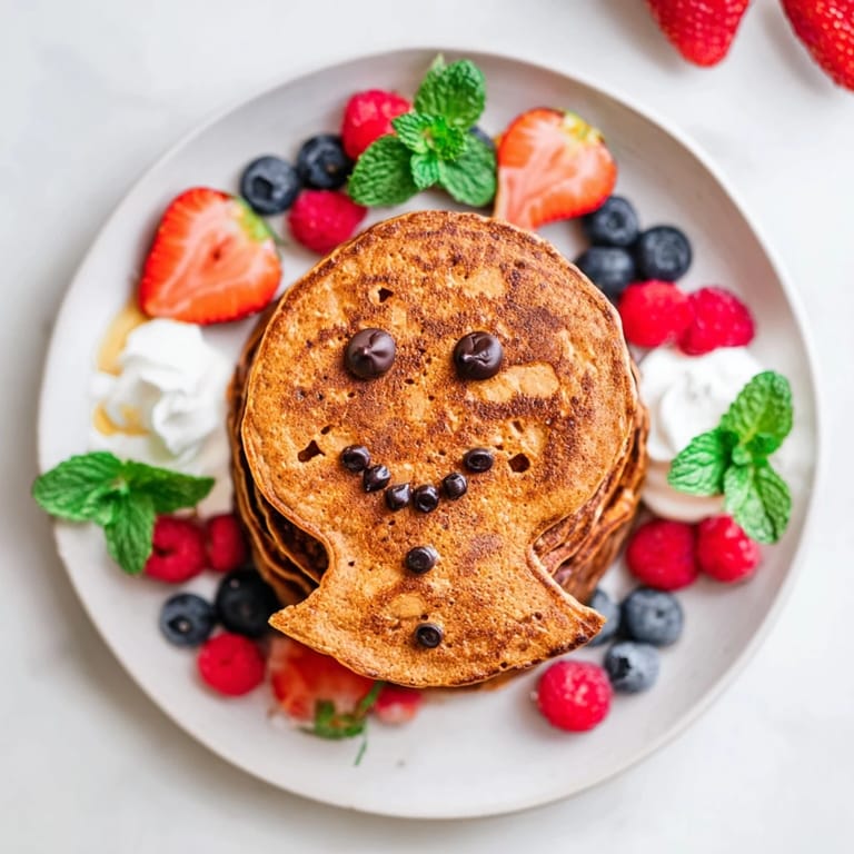 This Gingerbread Boy Berry Board highlights fluffy, spiced pancakes surrounded by vibrant red and blue berries.