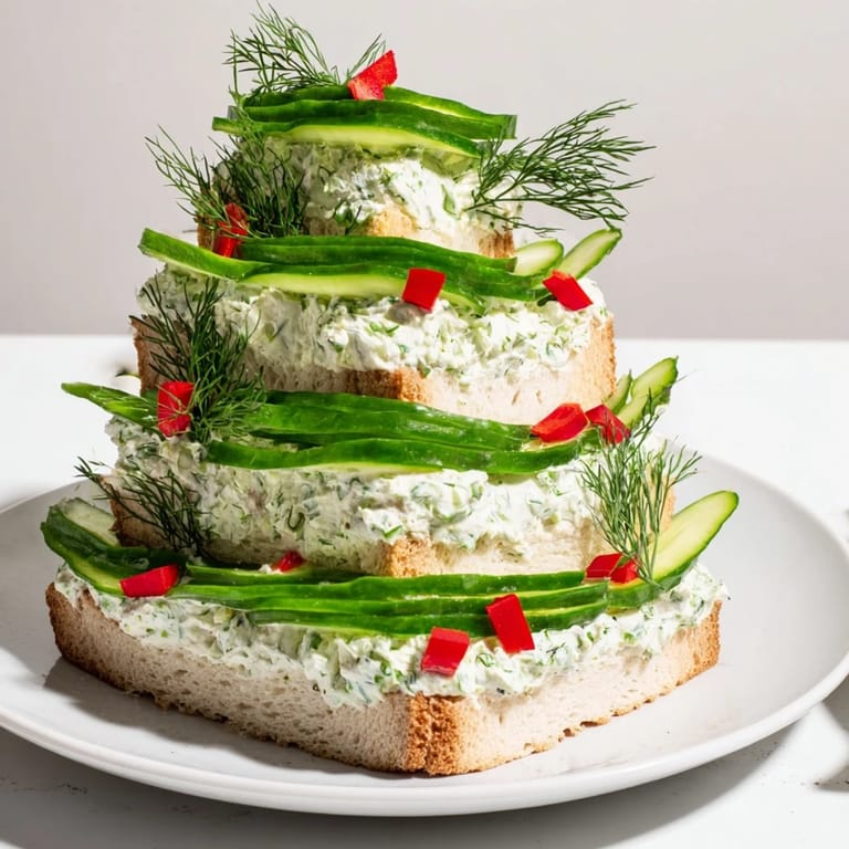 These creative Cucumber and Cream Cheese Tree Stacks present a charming appetizer with colorful pepper accents.