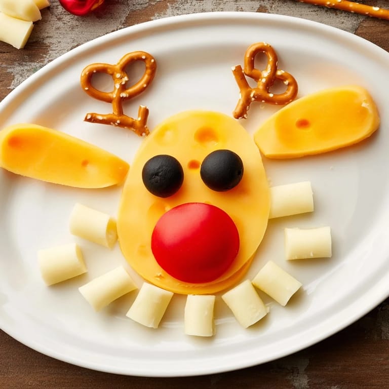 Festive Cheesy Reindeer Face Platter, a close-up showcasing cheese, crackers, and olives arranged playfully.