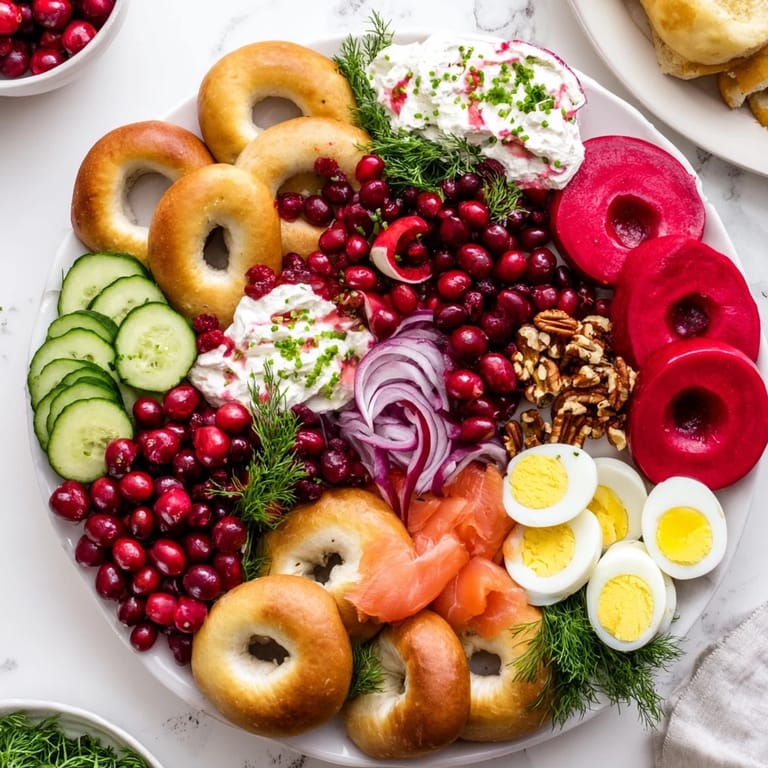 Festive cranberry sleigh bagel board: Creamy spreads and toppings surrounding sliced bagels for a stunning shareable brunch.