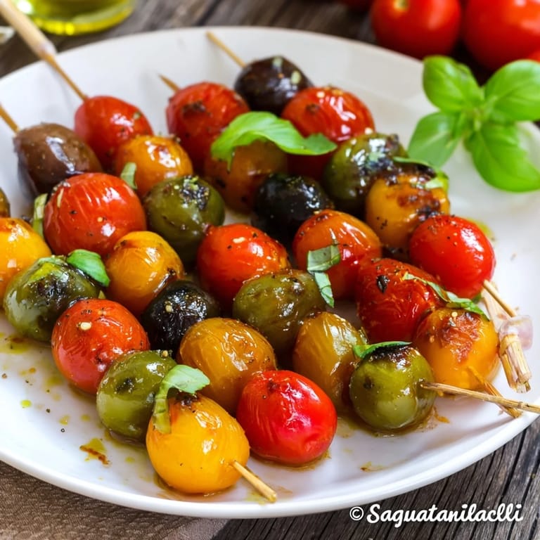 Festive Christmas Lights Olive and Tomato Skewers: close-up showing fresh ingredients and beautifully arranged appetizer skewers.