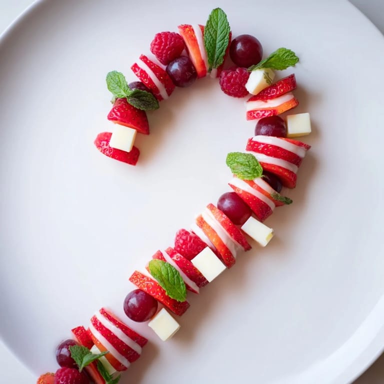 This eye-catching Candy Cane Stripe Fruit and Cheese features juicy strawberries alongside cubed mozzarella and cheddar.