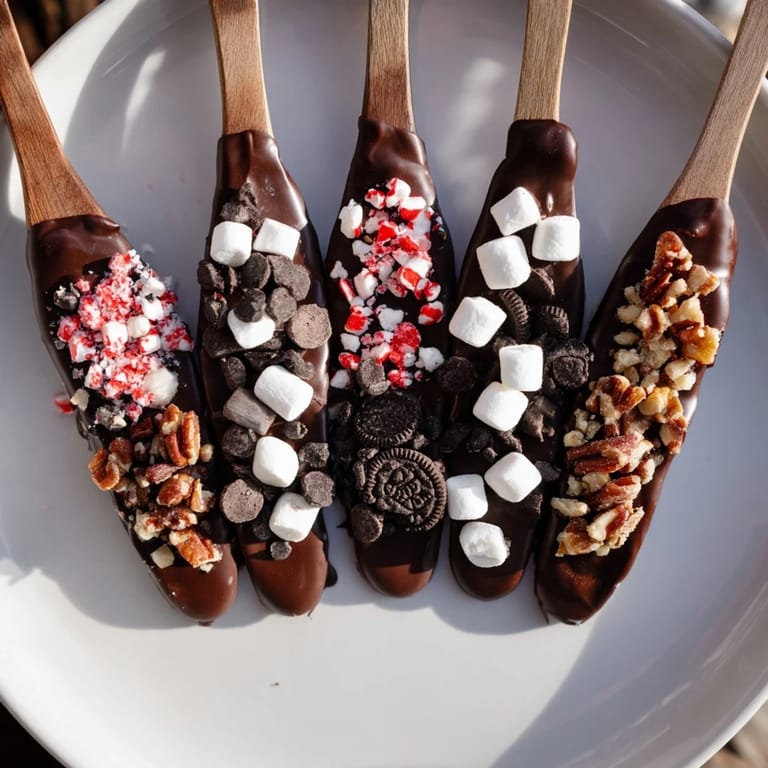 A festive hot chocolate spoon toppings board offers delicious dipping options for cozy hot cocoa.