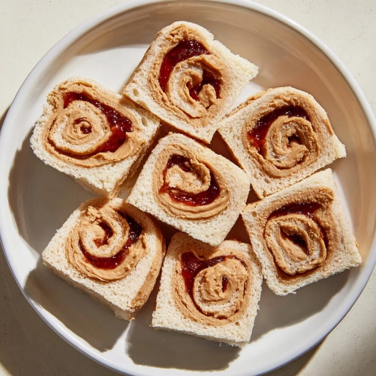 Close-up of a stack of Simple Sandwich: Quartered PB&J Pinwheel Rolls, perfect for a quick and delicious snack.