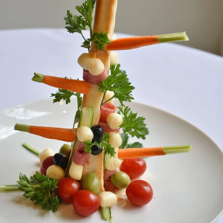 This Fractal Tree Branching Bread Centerpiece displays an artistic edible display of bread, cheese, and vegetables.