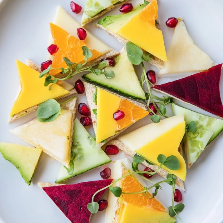 A close-up view of The Tessellation Triangle, an elegant appetizer featuring perfectly formed and arranged triangles.