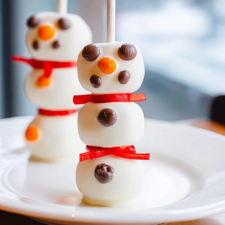 Festive Express Snowman Marshmallow Pops with dark chocolate faces and colorful scarves, perfect party treat.