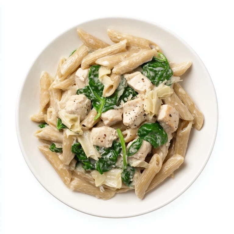 Picture the vibrant green spinach in this Creamy Spinach Artichoke Protein Pasta dish, ready to be enjoyed.