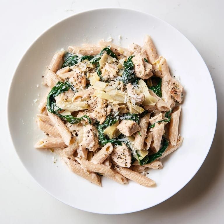 Sizzling skillet showcasing a comforting Creamy Spinach Artichoke Protein Pasta with tender chicken and herbs.