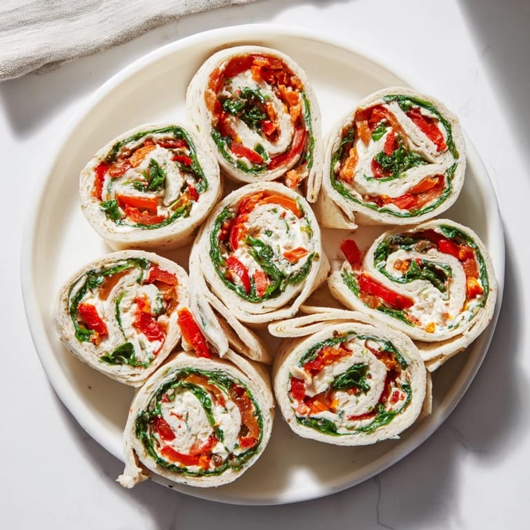 Enjoy chilled Christmas Scarf Tortilla Roll-Ups; a delicious appetizer with colorful fillings and easy preparation.