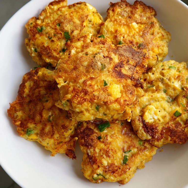 Perfectly browned Potato and Chicken Cakes, a delicious main dish served with a simple green salad.