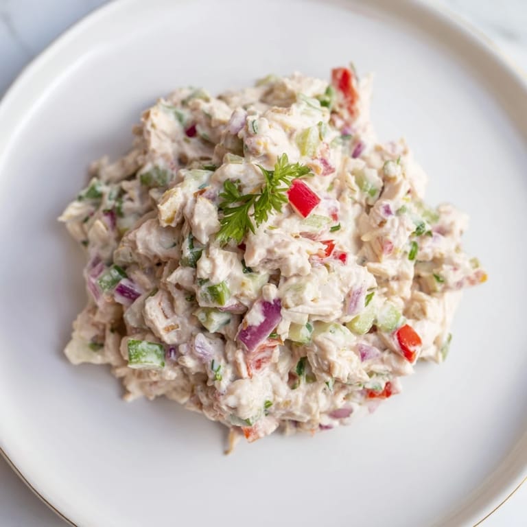 Fresh, homemade canned chicken salad with Mrs. Dash, offering a savory and healthy lunch option.