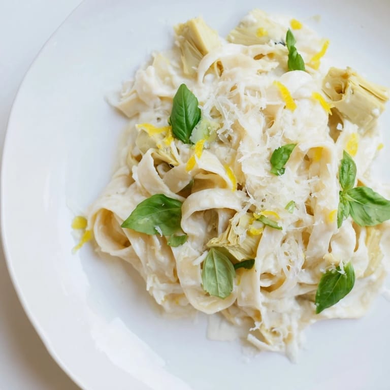 This photo presents a close-up of delicious creamy lemon artichoke pasta, ready for a delightful vegetarian meal.