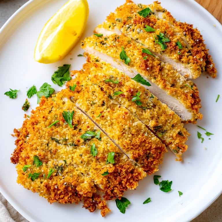 Imagine these delicious Crispy Parmesan Chicken Cutlets, with a crispy cheese crust and juicy interior, plated with parsley.