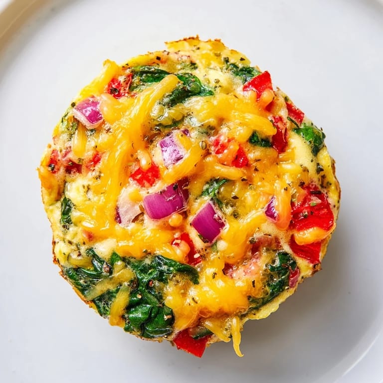 Warm, colorful Veggie Egg Muffins: imagine soft egg with bits of red pepper, ready to eat.