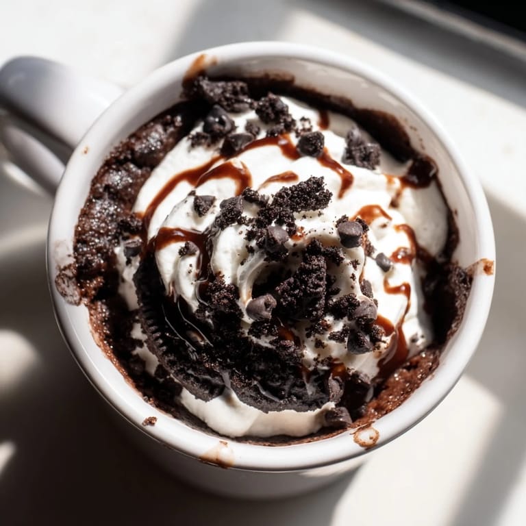A close-up of a delightful Oreo mug cake, ready to serve with chocolatey goodness and rich flavors.