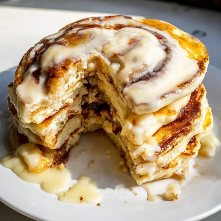 A stack of warm Cinnamon Roll Pancakes, showing a buttery cinnamon swirl and inviting drizzle of glaze.