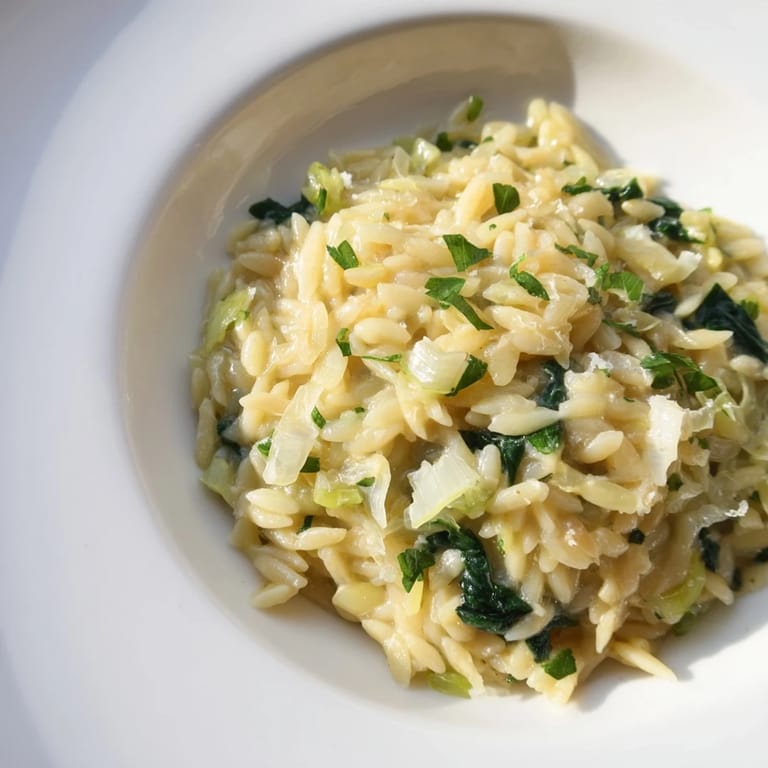 Warm, appetizing photo of one-pot creamy orzo, showcasing creamy texture with spinach throughout.