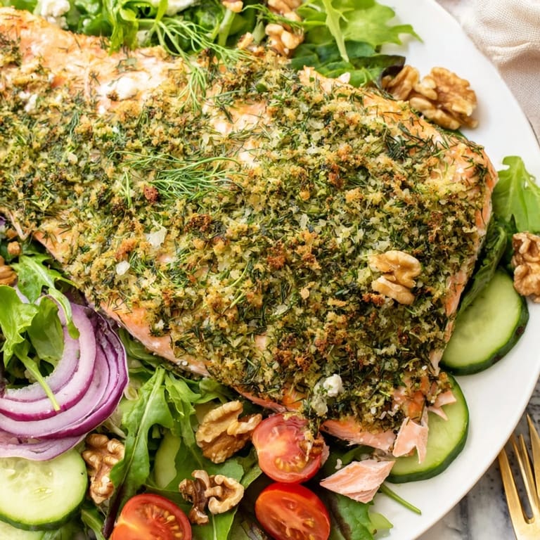 A close-up view of a vibrant herb-crusted salmon salad, perfect for a light, healthy meal.