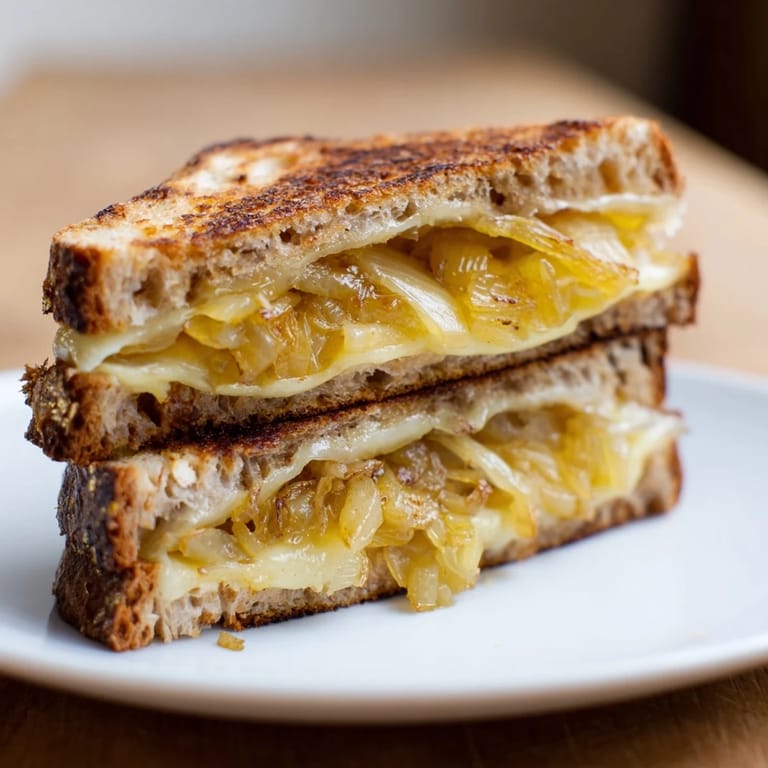 Close-up of a flavorful Caramelized Onion and Gruyère Grilled Cheese served hot, crusty bread.