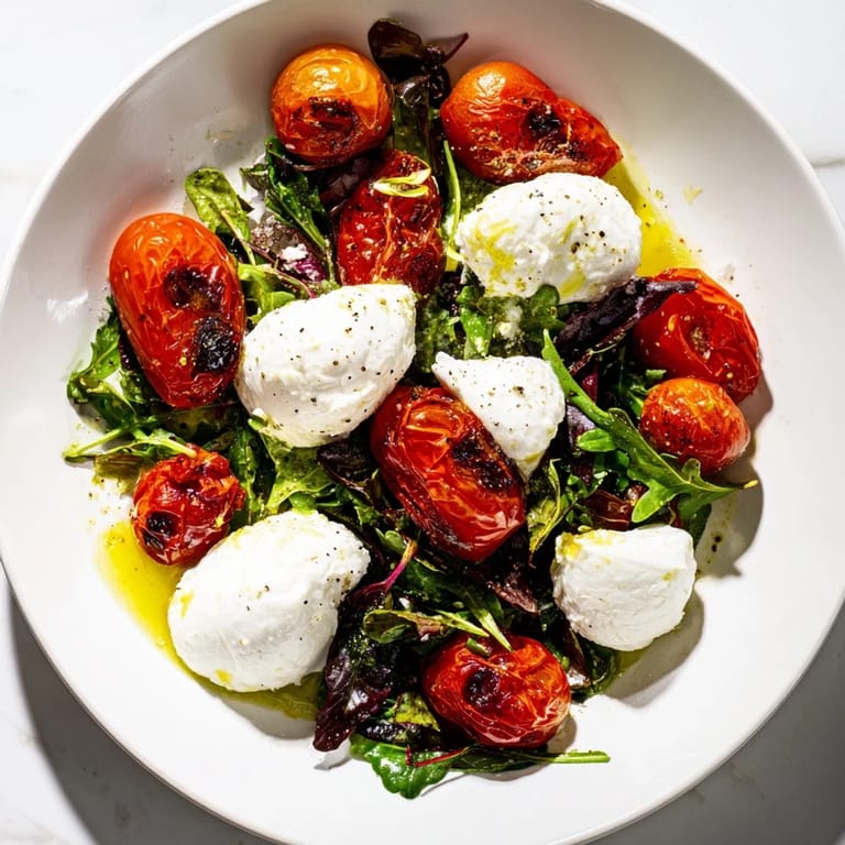 Freshly plated charred tomato salad showing blistered tomatoes, soft burrata, and vivid green salad greens.