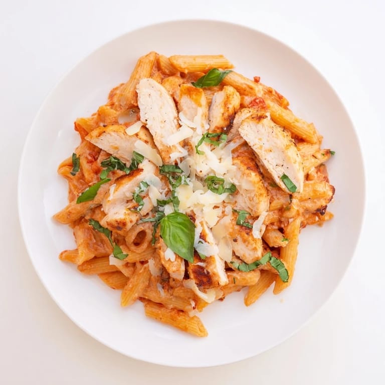 A creamy plate of Creamy Tomato Basil Chicken Pasta, showcasing tender chicken and vibrant sauce.