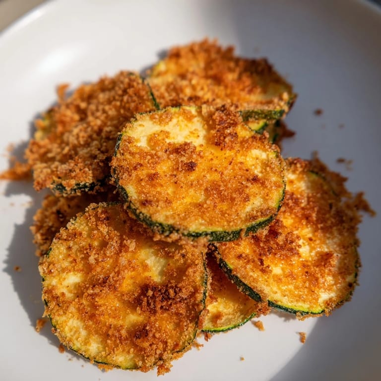 Air fryer zucchini chips, showing their golden-brown and satisfyingly crispy texture for easy snacking.