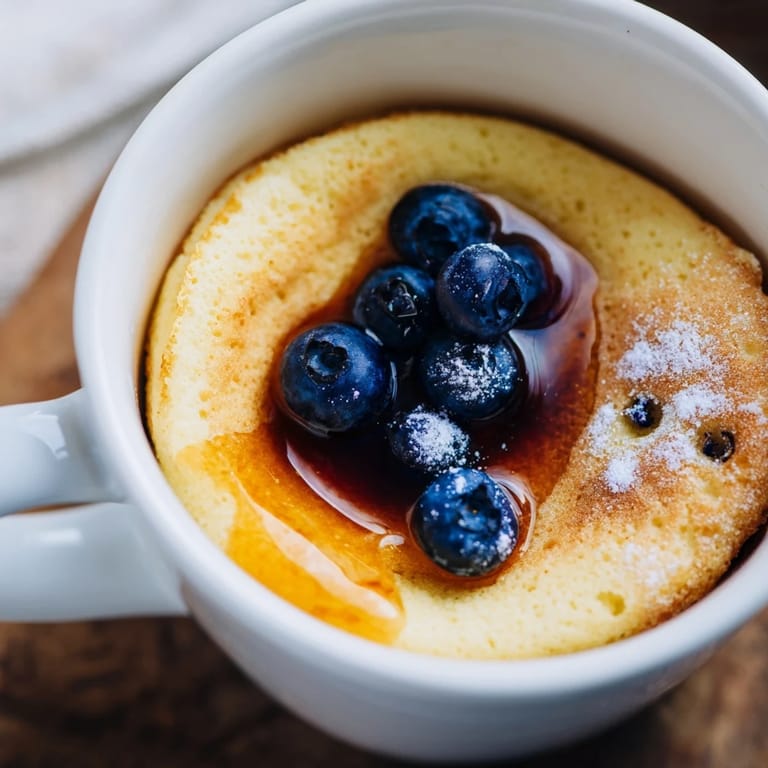 Image shows a golden-brown microwave mug pancake, a fast and easy American breakfast treat.