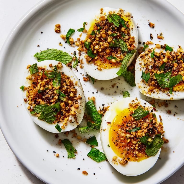 Sizzling Dukkah-Spiced Eggs, boasting aromatic spices, ready to enjoy with crusty bread for brunch.