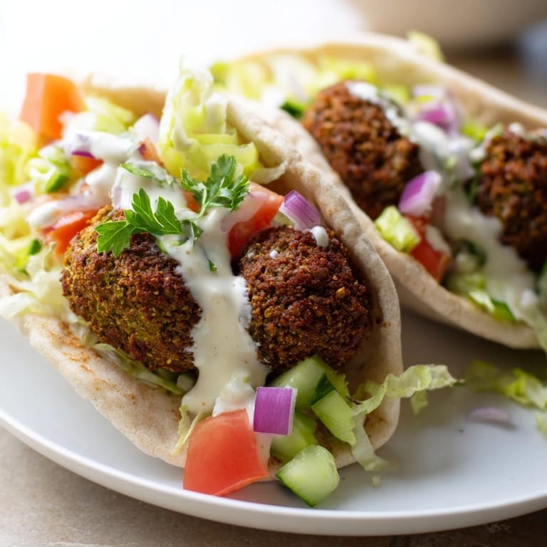 A close-up of a delicious falafel pita pocket, with golden falafel and vibrant toppings.