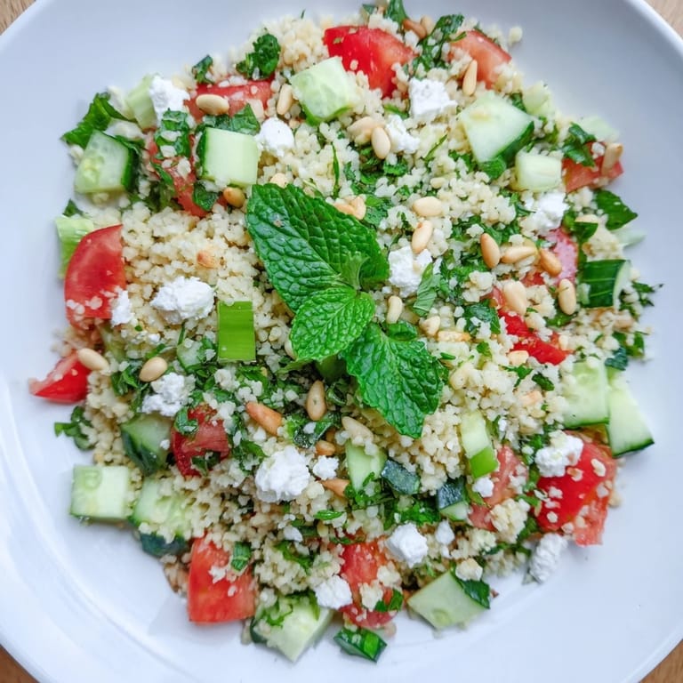 Freshly made Tabbouleh Grain Bowl, served in a bowl, with feta and pine nuts, ready to eat.