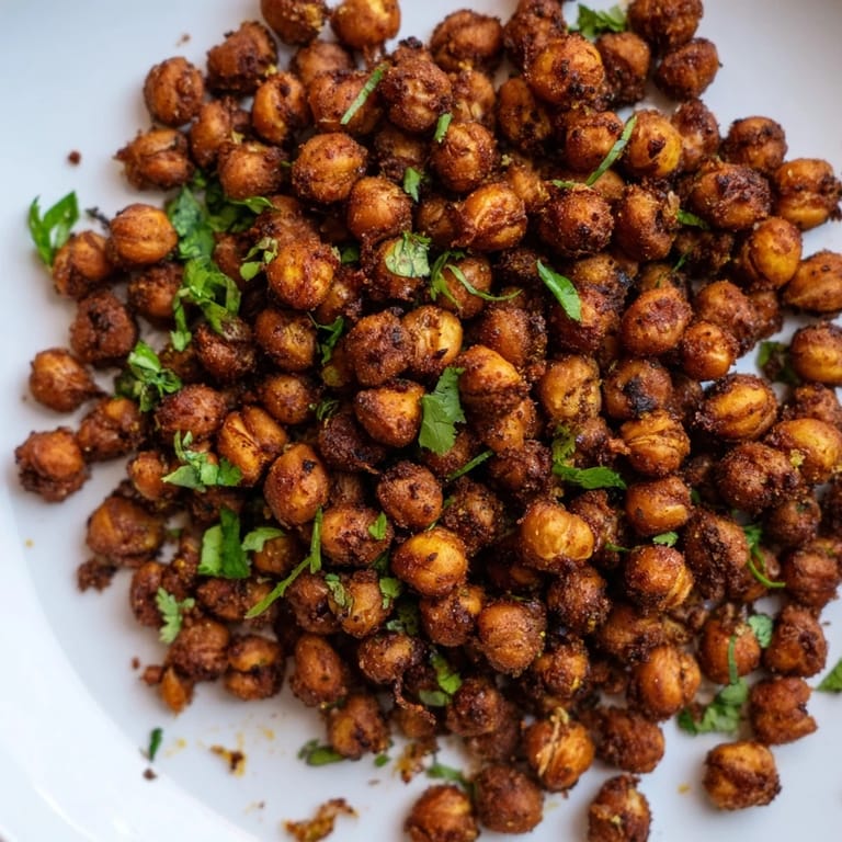 A baking sheet filled with a delicious harissa chickpea roast, perfect for a flavorful snack.