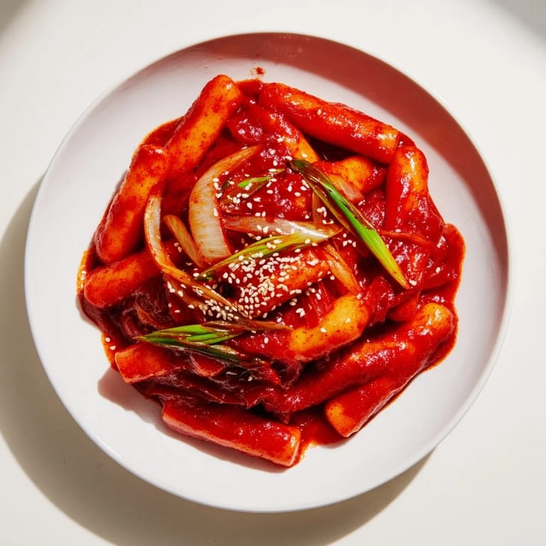 A close-up view of fresh and flavorful Korean Tteokbokki, with a sprinkle of sesame seeds on top.